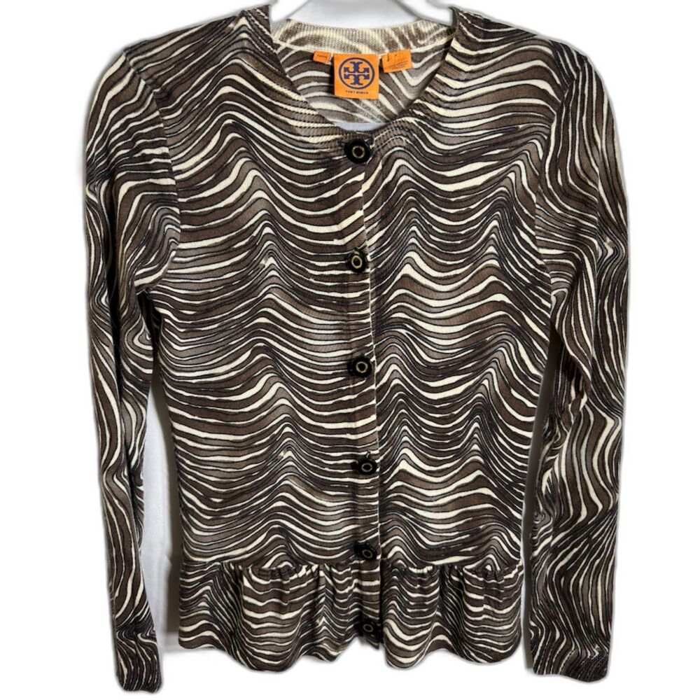 Tory Burch Size S 100% Merino Wool Zebra Print Peplum Cardigan